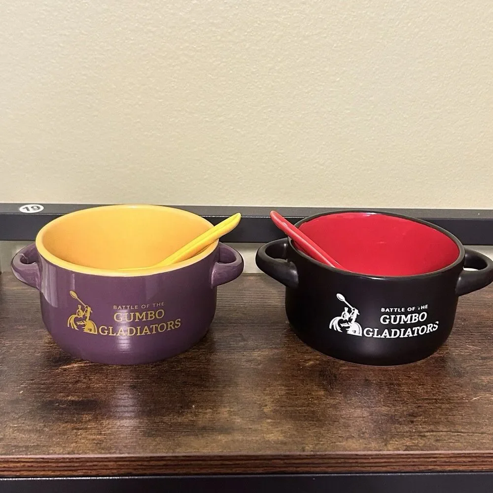 Battle of the Gumbo Gladiators Ceramic Gumbo Bowls w/Spoons Set of 2 SHREVEPORT